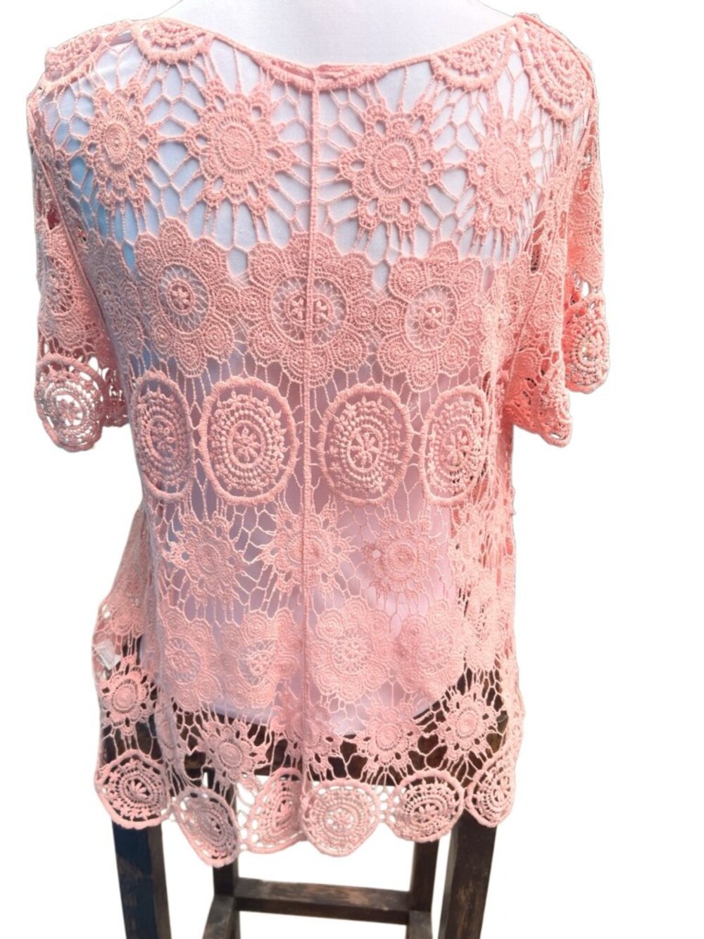 Handmade Pink Crochet Lace Blouse With Floral Pattern Sheer Lightweight Design